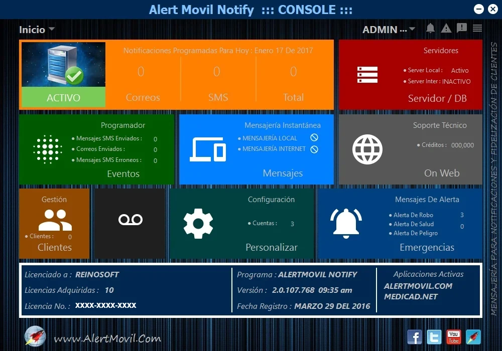 AlertMovil Notify Console con programador de eventos, mensajería y alertas de emergencia