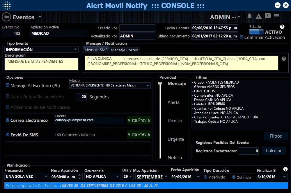Pantalla de eventos de AlertMovil con mensaje SMS, filtros y planificación