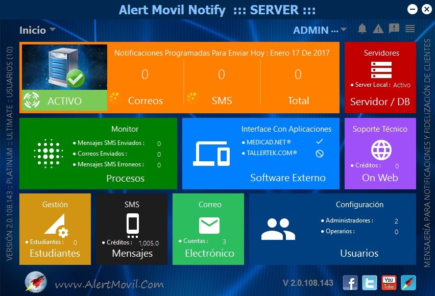 Panel principal de AlertMovil Notify Server con notificaciones programadas, monitor de procesos y créditos SMS